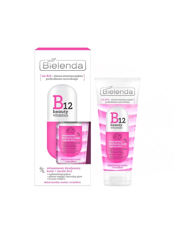 BIELENDA - B12 Beauty Vitamina 2 fases, Crema Vitaminada + Sérum Facial 2 en 1 día/noche 45 g