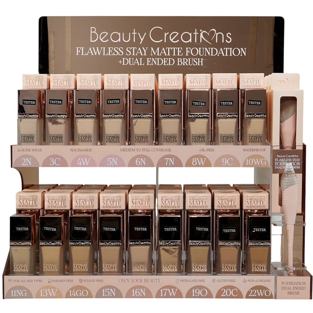 Beauty Creations - New Flawless Stay Matte Foundation 90 Unidades + 6 Brochas (FSMF-AD18)
